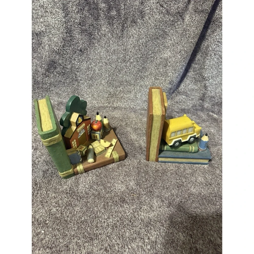 Vintage School Bookends Set Teacher Apple ABC Blocks Books Bus Decor Resin